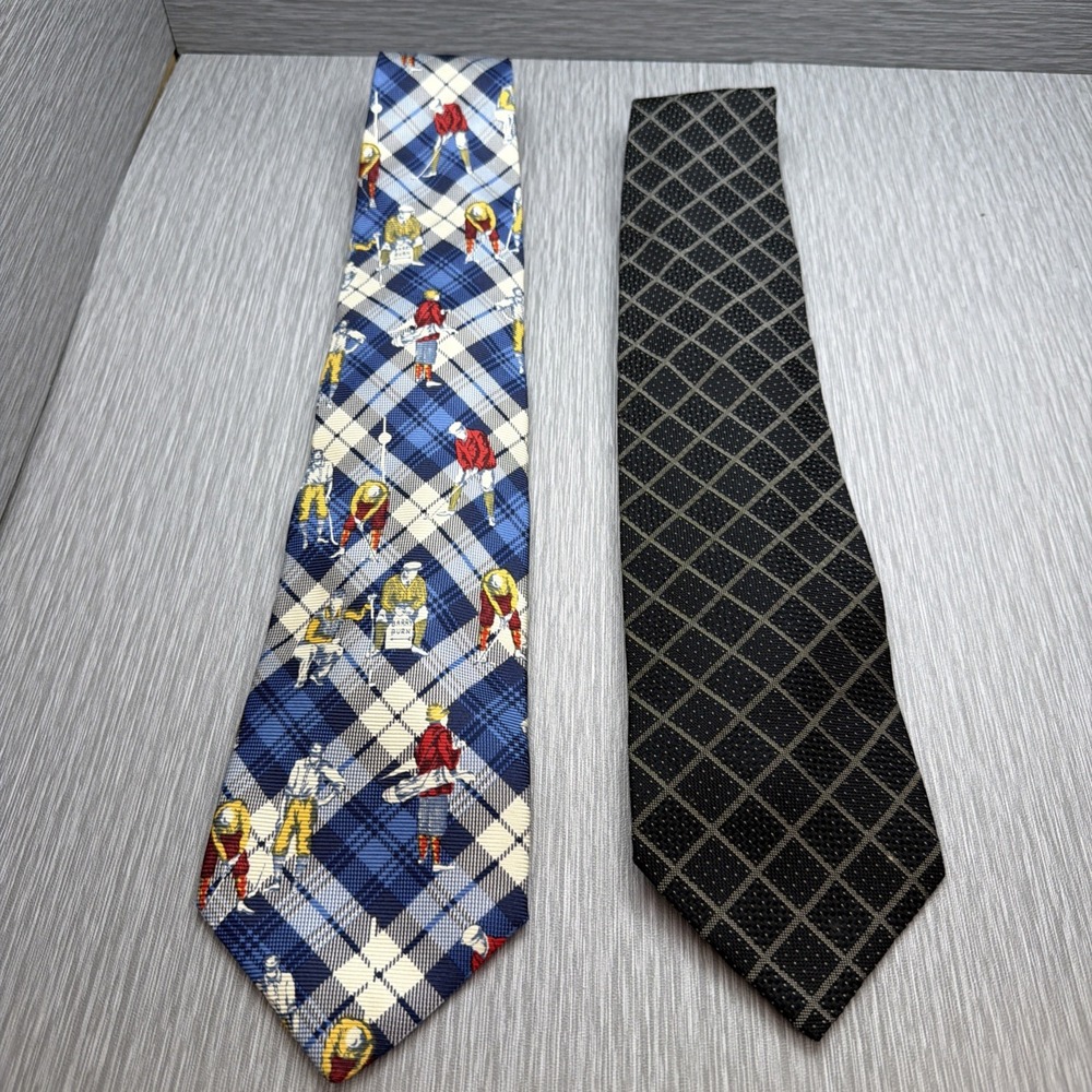 Faconnable Mens Silk Ties Lot 2 Golf Golfer Plaid Geometric Preppy Made France